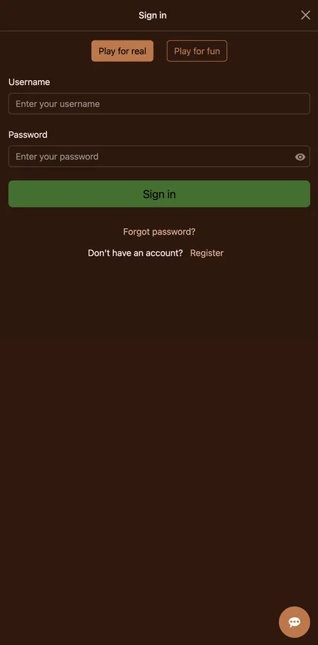 Cocoa Casino login form on desktop