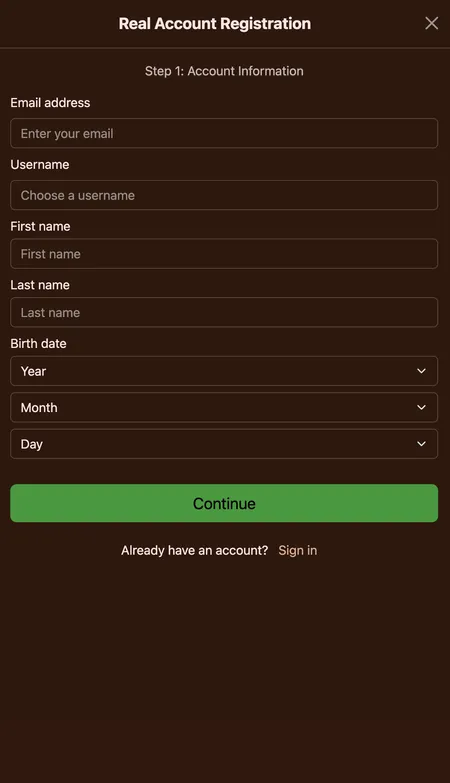 First step of Cocoa Casino registration form